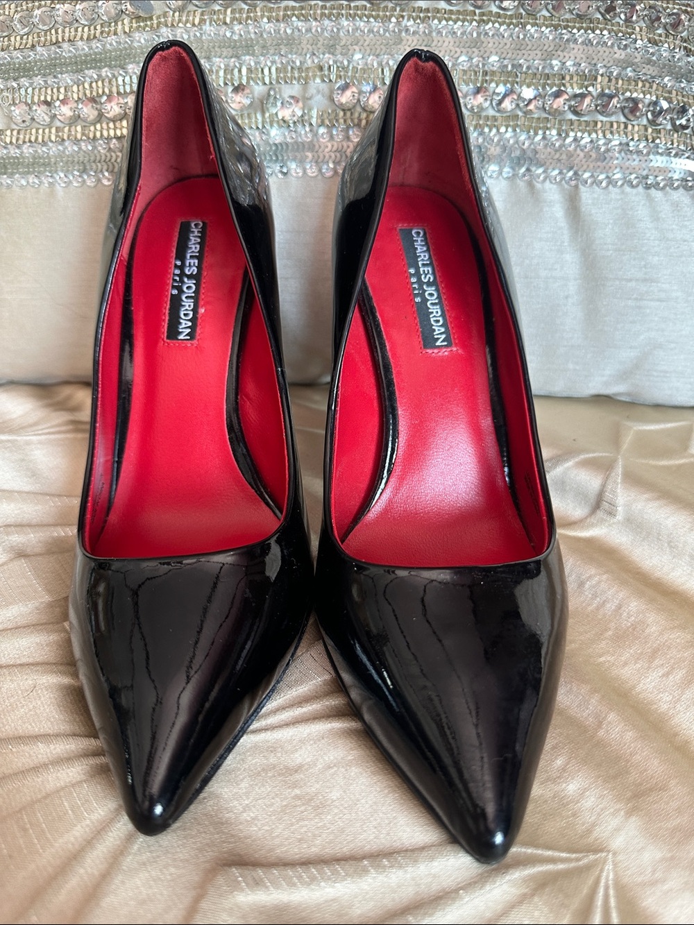 Charles Jourdan Black Patent Pointed-Toe Stiletto Pumps with Red Lining - Picture 7 of 11